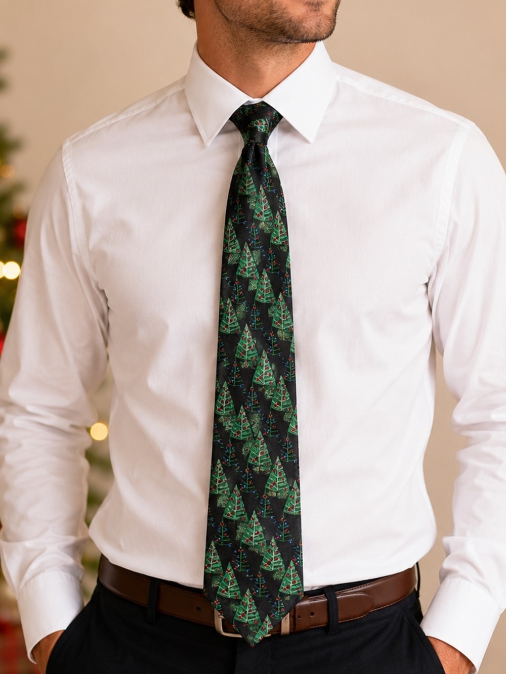 NWT Amazon Essentials Black Tie with Green Christmas Tree Print